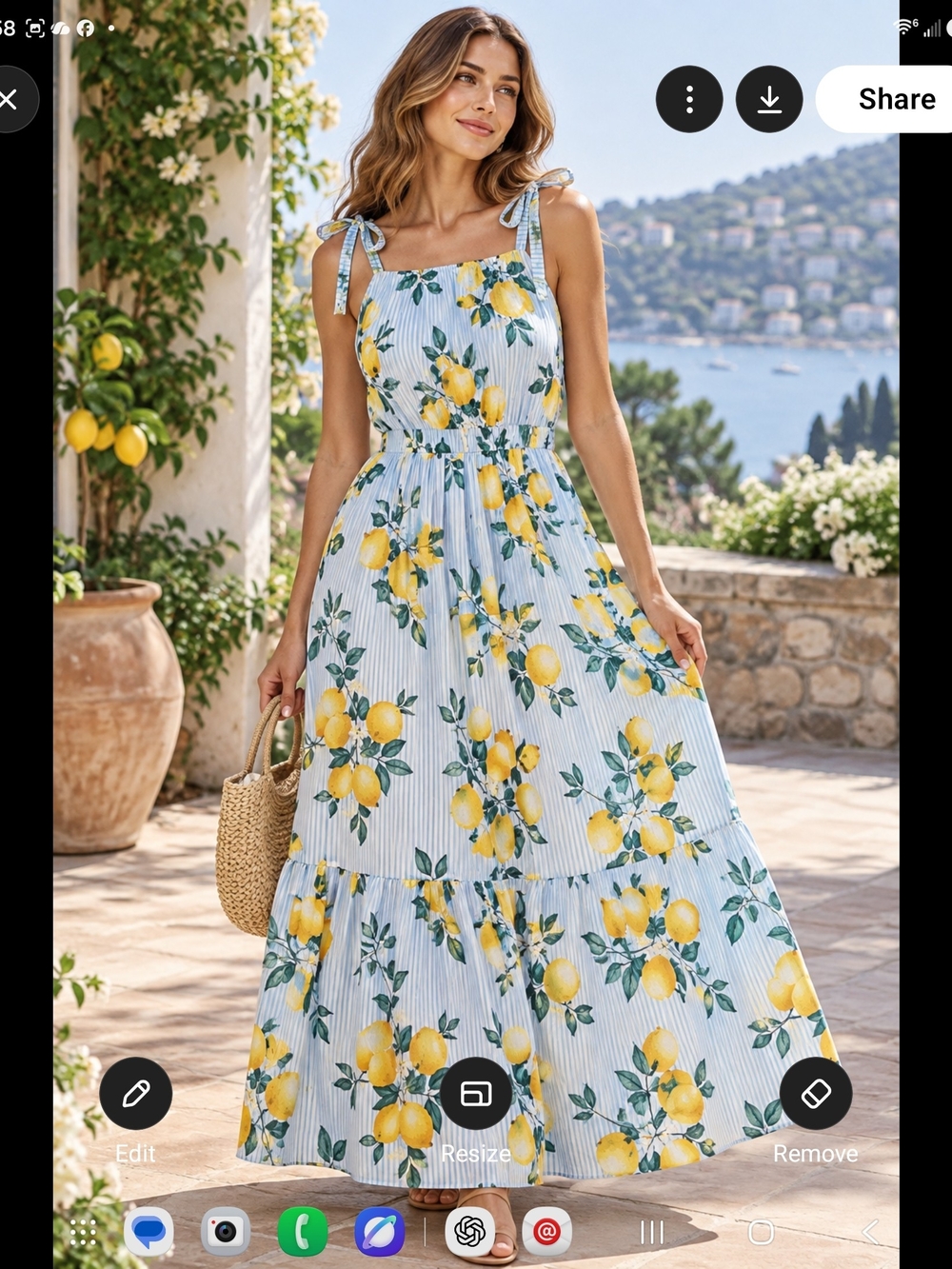 Summer Lemon Print Midi Dress with Tie Straps